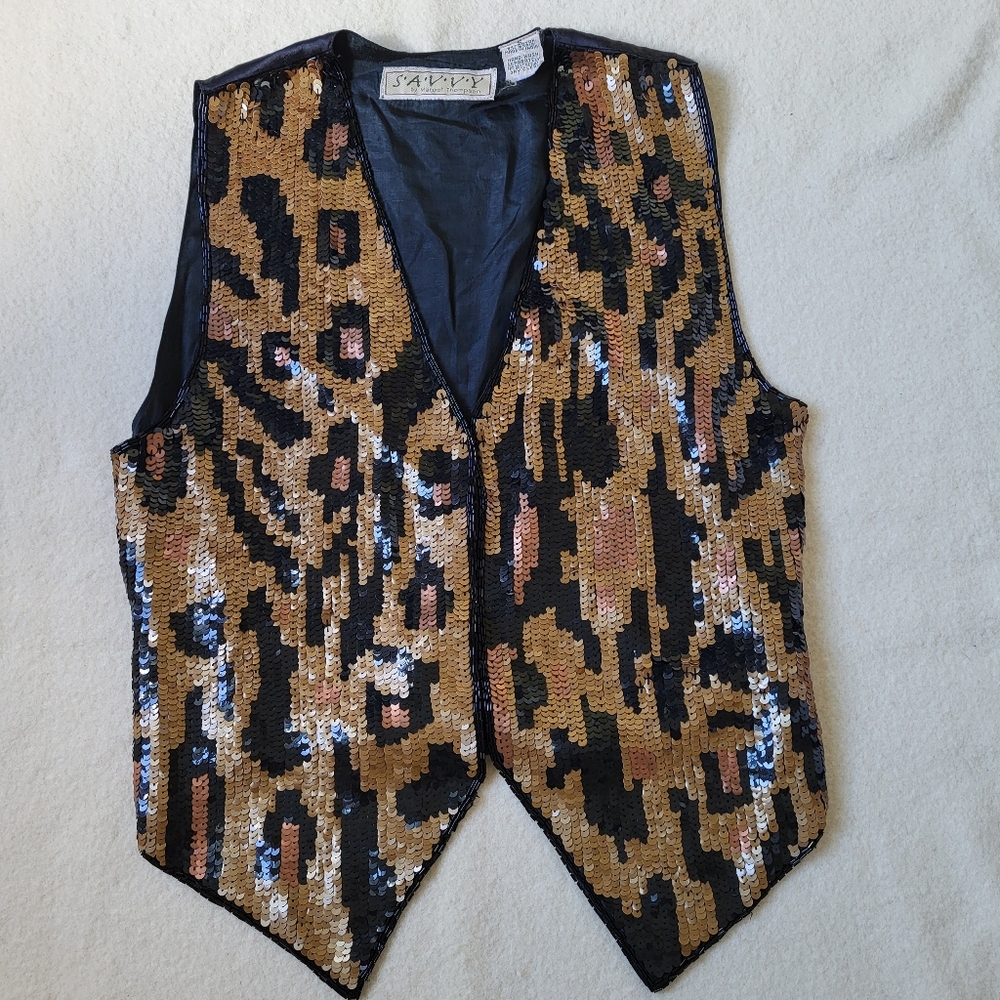 Vintage Sequin Lepord Animal Print Vest Women's Size Medium By SAVVY